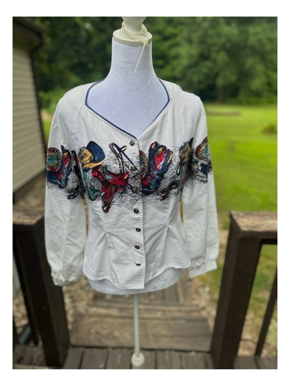 Roper 90s Vintage Western Cowgirl Print Button-Front Peasant Blouse Size Small